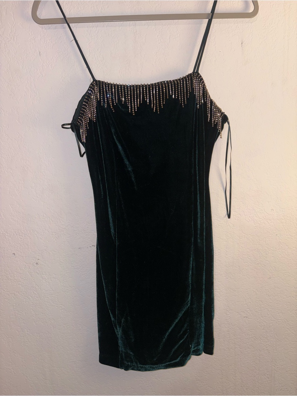Zara Dark Green Velvet Mini Dress with Beaded Fringe
